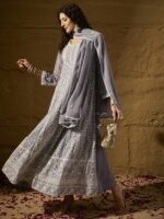 Grey Embroidered Faux Georgette Anarkali Gown with Lace Dupatta