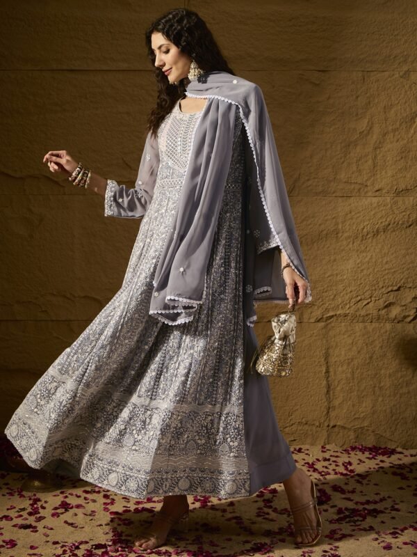 Grey Embroidered Faux Georgette Anarkali Gown with Lace Dupatta