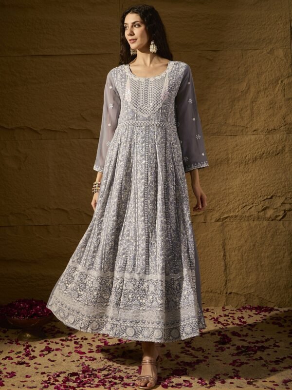Grey Embroidered Faux Georgette Anarkali Gown with Lace Dupatta