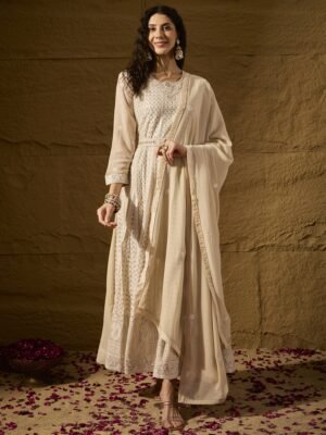 Cream Embroidered Faux Georgette Anarkali Gown with Lace Dupatta