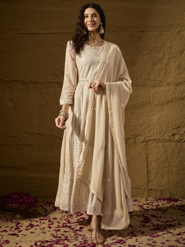 Cream Embroidered Faux Georgette Anarkali Gown with Lace Dupatta