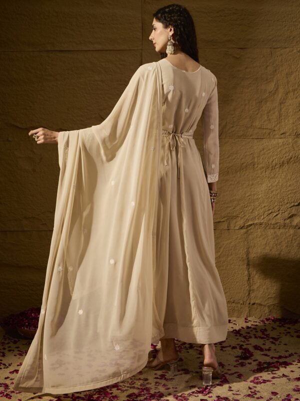 Cream Embroidered Faux Georgette Anarkali Gown with Lace Dupatta