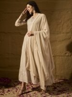 Cream Embroidered Faux Georgette Anarkali Gown with Lace Dupatta