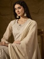 Cream Embroidered Faux Georgette Anarkali Gown with Lace Dupatta