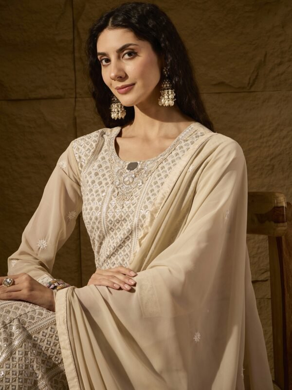 Cream Embroidered Faux Georgette Anarkali Gown with Lace Dupatta