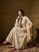 Cream Embroidered Faux Georgette Anarkali Gown with Lace Dupatta