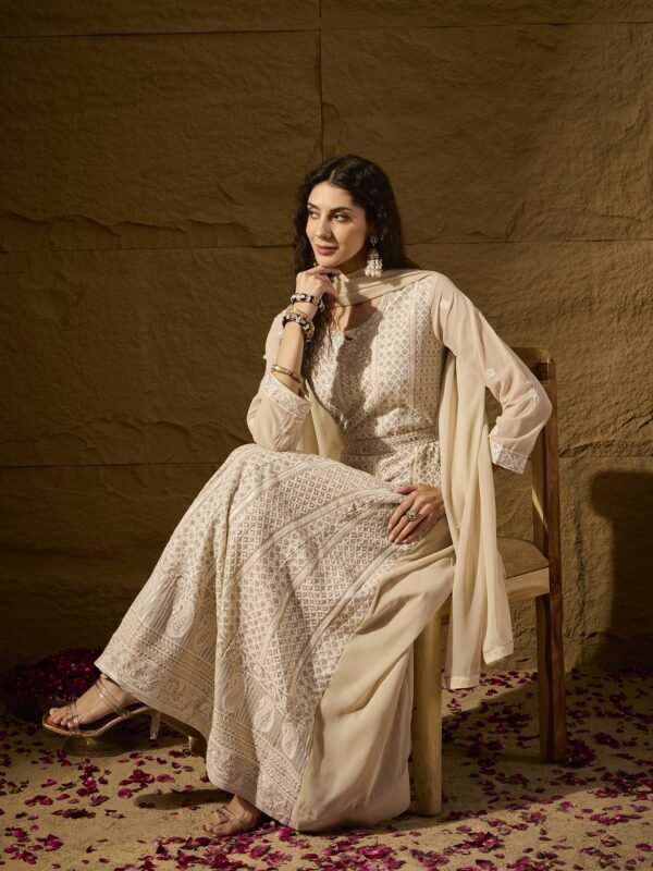 Cream Embroidered Faux Georgette Anarkali Gown with Lace Dupatta