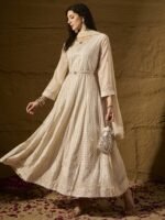 Cream Embroidered Faux Georgette Anarkali Gown with Lace Dupatta