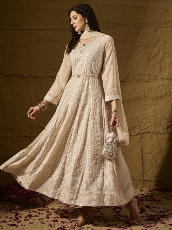 Cream Embroidered Faux Georgette Anarkali Gown with Lace Dupatta