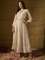 Cream Embroidered Faux Georgette Anarkali Gown with Lace Dupatta