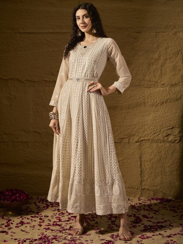Cream Embroidered Faux Georgette Anarkali Gown with Lace Dupatta