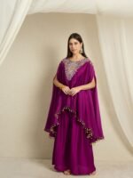 Purple Embroidered Kaftan Set | Round Neck | Kimono Sleeves | Mid-Thigh