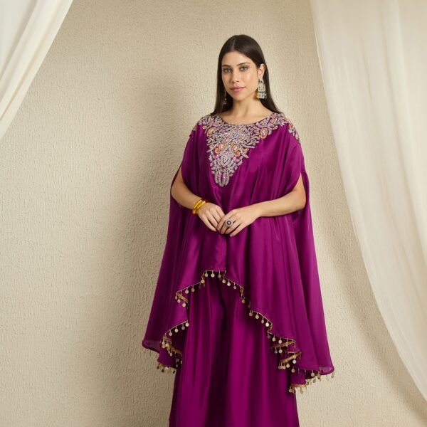 Purple Embroidered Kaftan Set | Round Neck | Kimono Sleeves | Mid-Thigh