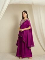Purple Embroidered Kaftan Set | Round Neck | Kimono Sleeves | Mid-Thigh