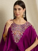 Purple Embroidered Kaftan Set | Round Neck | Kimono Sleeves | Mid-Thigh