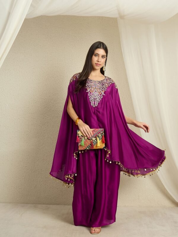 Purple Embroidered Kaftan Set | Round Neck | Kimono Sleeves | Mid-Thigh