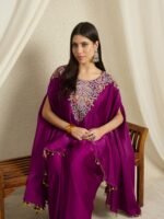 Purple Embroidered Kaftan Set | Round Neck | Kimono Sleeves | Mid-Thigh