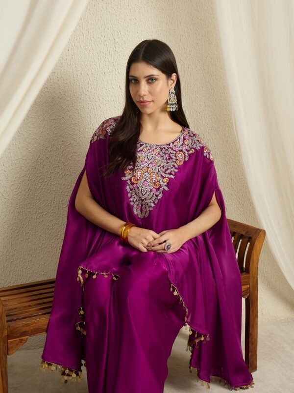 Purple Embroidered Kaftan Set | Round Neck | Kimono Sleeves | Mid-Thigh