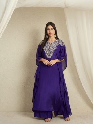 Blue Embroidered Kaftan Set | V Neck | Slit Sleeves | Calf Length