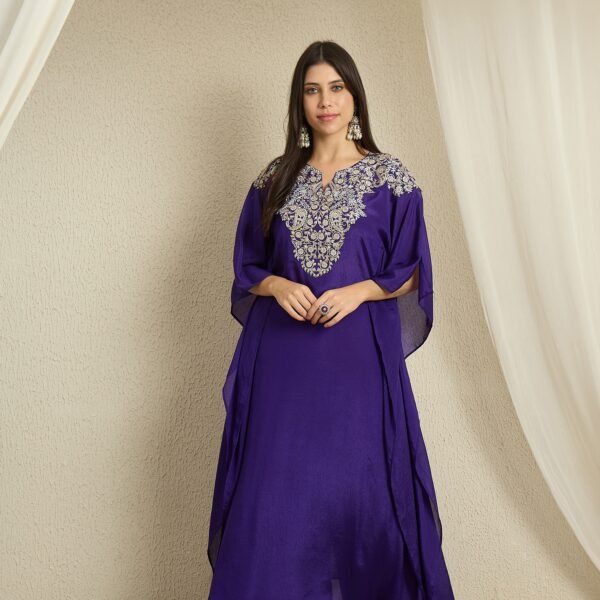 Blue Embroidered Kaftan Set | V Neck | Slit Sleeves | Calf Length