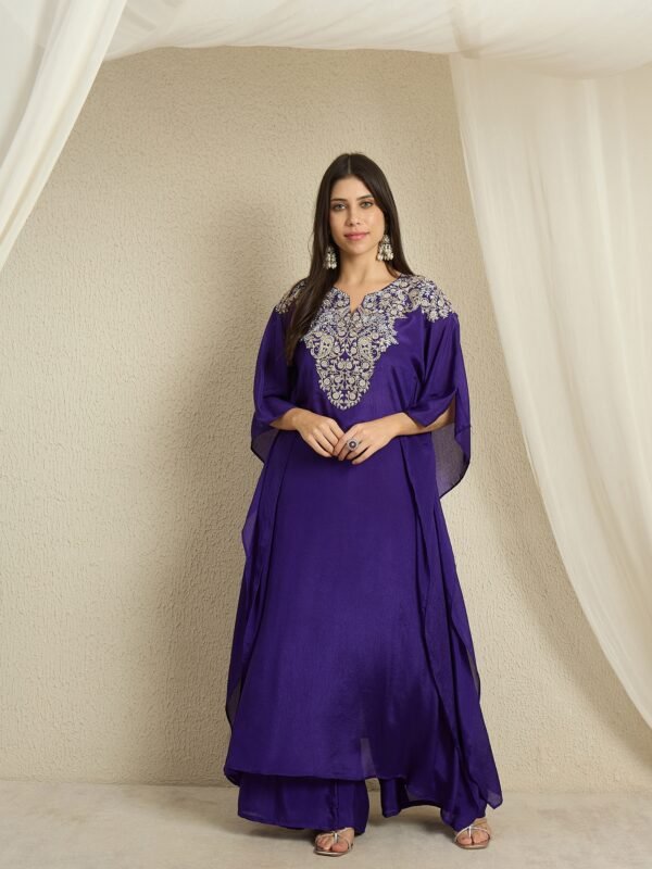 Blue Embroidered Kaftan Set | V Neck | Slit Sleeves | Calf Length