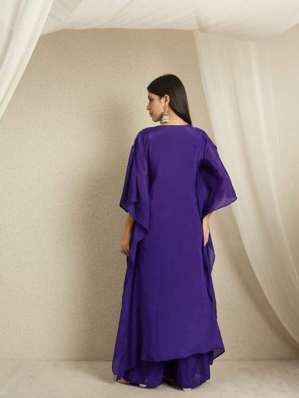 Blue Embroidered Kaftan Set | V Neck | Slit Sleeves | Calf Length