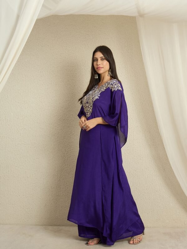 Blue Embroidered Kaftan Set | V Neck | Slit Sleeves | Calf Length