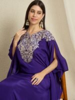 Blue Embroidered Kaftan Set | V Neck | Slit Sleeves | Calf Length