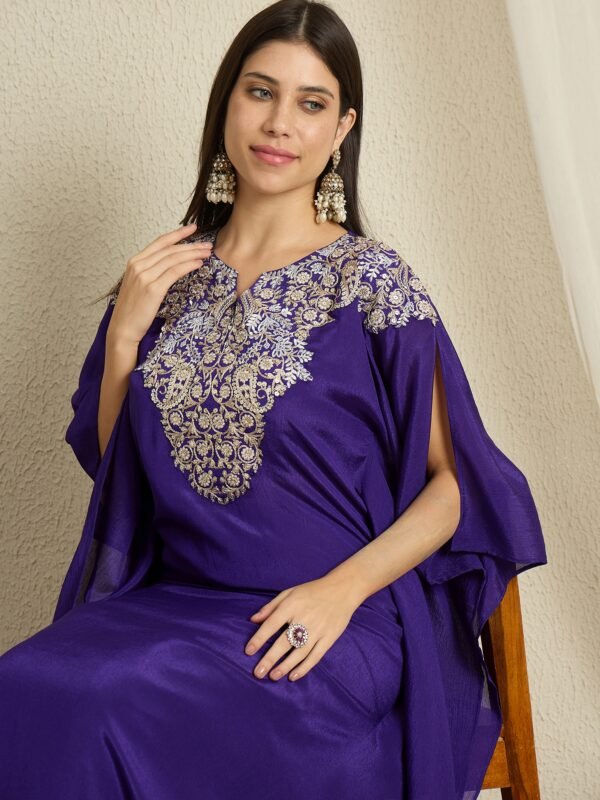 Blue Embroidered Kaftan Set | V Neck | Slit Sleeves | Calf Length