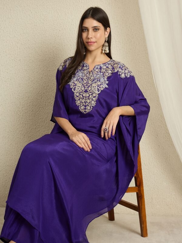 Blue Embroidered Kaftan Set | V Neck | Slit Sleeves | Calf Length