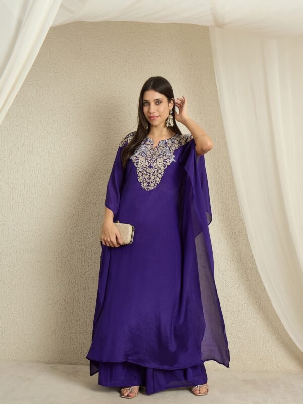 Blue Embroidered Kaftan Set | V Neck | Slit Sleeves | Calf Length