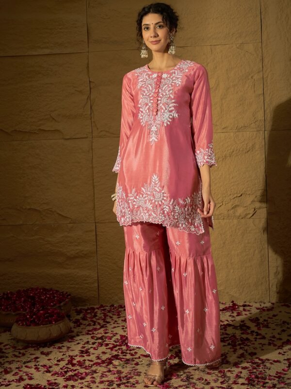 Light Pink Embroidered Kurta Sharara Set with Dupatta