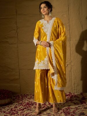 Yellow Embroidered Kurta Sharara | Notch Neck | Above Knee