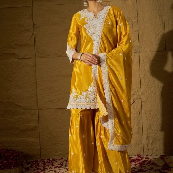 Yellow Embroidered Kurta Sharara | Notch Neck | Above Knee