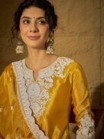 Yellow Embroidered Kurta Sharara | Notch Neck | Above Knee