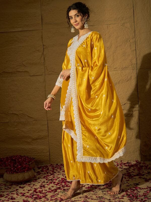 Yellow Embroidered Kurta Sharara | Notch Neck | Above Knee