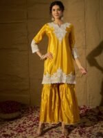 Yellow Embroidered Kurta Sharara | Notch Neck | Above Knee