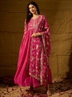 Pink Embroidered Chinon Anarkali Gown | V Neck | Full Length