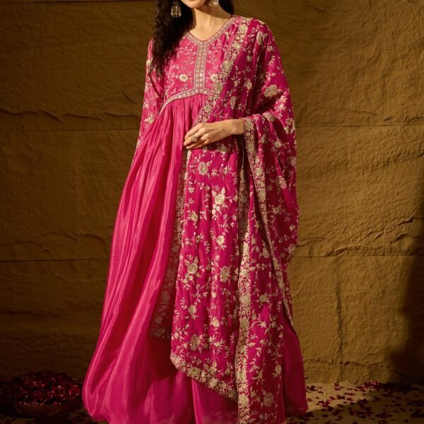 Pink Embroidered Chinon Anarkali Gown | V Neck | Full Length