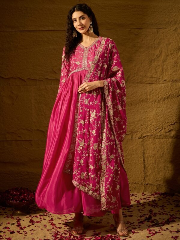 Pink Embroidered Chinon Anarkali Gown | V Neck | Full Length