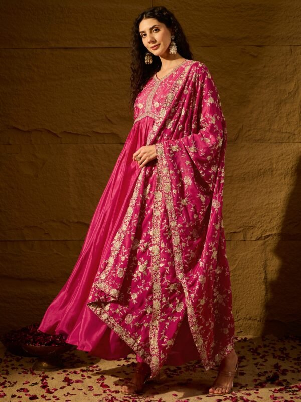 Pink Embroidered Chinon Anarkali Gown | V Neck | Full Length