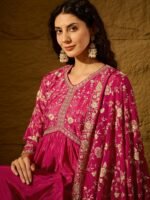 Pink Embroidered Chinon Anarkali Gown | V Neck | Full Length