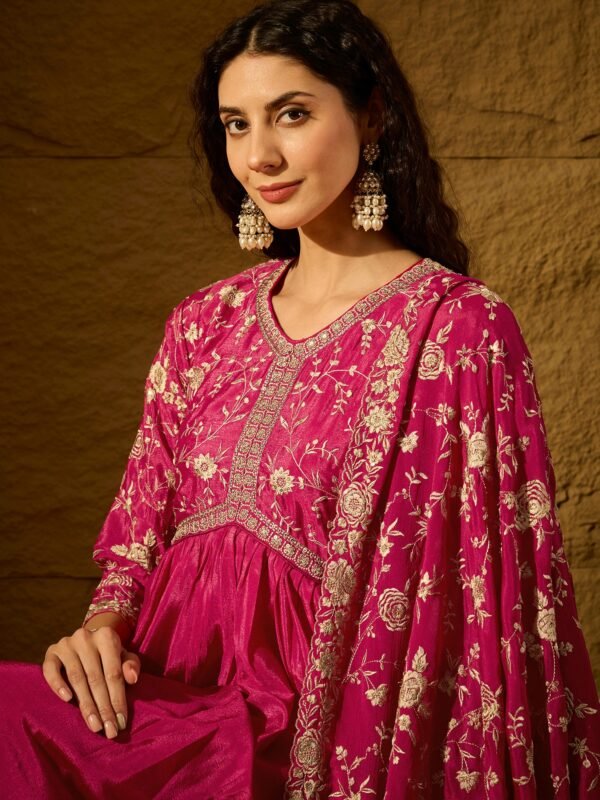 Pink Embroidered Chinon Anarkali Gown | V Neck | Full Length