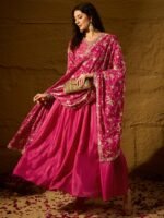 Pink Embroidered Chinon Anarkali Gown | V Neck | Full Length