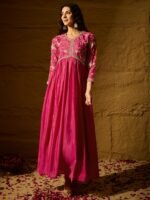 Pink Embroidered Chinon Anarkali Gown | V Neck | Full Length