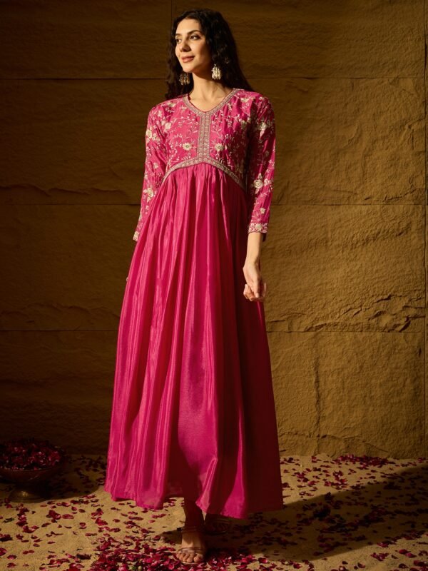 Pink Embroidered Chinon Anarkali Gown | V Neck | Full Length