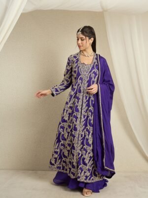 Purple Embroidered Palazzo Set | Sweet Heart Top & Long Jacket