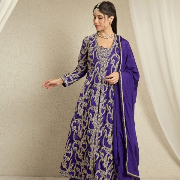 Purple Embroidered Palazzo Set | Sweet Heart Top & Long Jacket