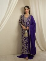 Purple Embroidered Palazzo Set | Sweet Heart Top & Long Jacket