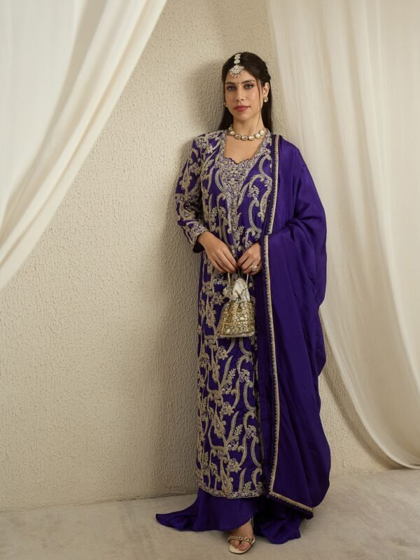Purple Embroidered Palazzo Set | Sweet Heart Top & Long Jacket